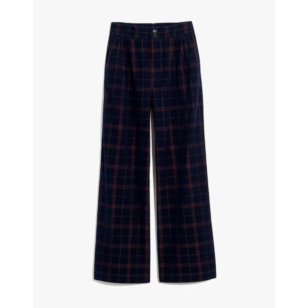 Madewell Corduroy Pleated Wide-Leg Pants in Windowpane - Blue Multi Plaid - Picture 1 of 11